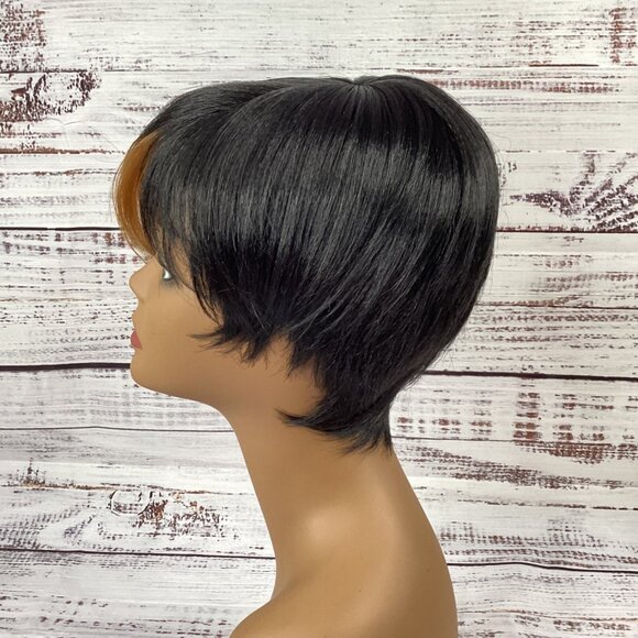 Bio Shag Tapered Wig FF27 Black w/ Blonde Swoop Heat Safe Adjustable Synthetic - Picture 4 of 7